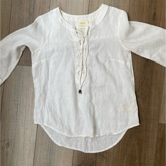 Anthropologie Maeve White Marva Lace up 100% Linen Tunic Top sz 0 | Linen Blouse - Picture 9 of 14